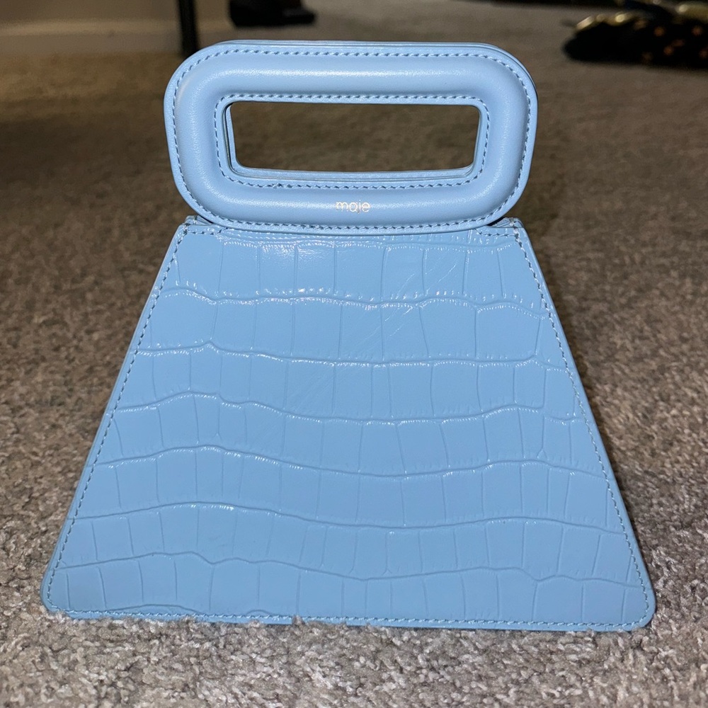 Maje Spring summer 2021 patent leather purse baby blue top handle croc inspired